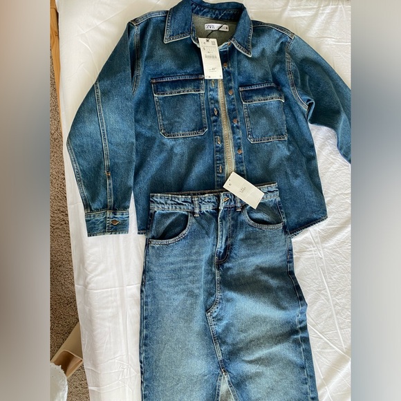 Zara set Long front Slit Denim High waist Skirt & Jacket Indigo Dark Blue S NWT - Picture 9 of 16